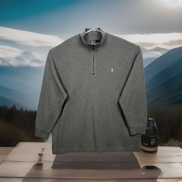🔥Polo Ralph Lauren Sweater Mens 2XB BIG - Gray Cotton Quarter Zip Pull Over - Picture 1 of 9